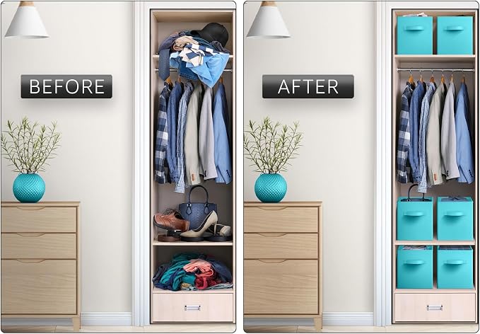 Sorbus Foldable Storage Cubes - 6 Fabric Baskets for Organizing Pantry, Closet, Shelf, Nursery, Playroom, Toy Box, Cubby - 11 Inch Dual Handle Collapsible Closet Organizers and Storage Bins (Aqua)