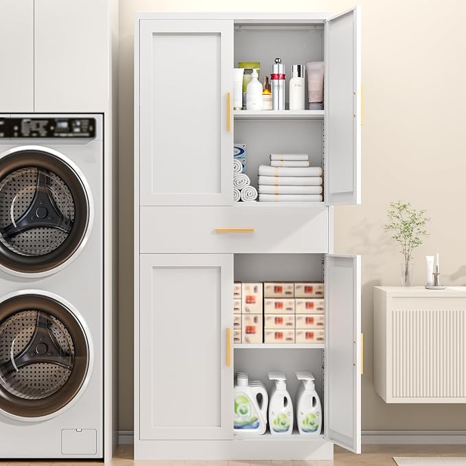 71”Tall Kitchen Pantry Cabinet, Metal Storage Cabinet with Doors and Shelves (White, 1 Drawer)