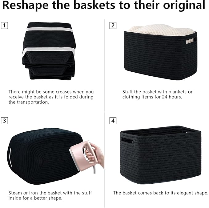 OIAHOMY 4 Pack Storage Baskets for Organizing, Cube Storage Bins for Shelves, Rectangle Storage Baskets With Handles, Woven Baskets for Storage, 16''Lx12''Wx8''H, Black