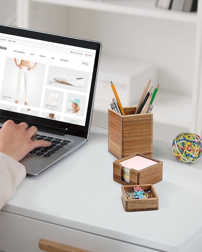 Acacia Wood Desk Organizer Set with Sticky Note Holder, Pencil Pen Cup & Paper Clip Storage, Office Desk Accessories for Marker Craft (Set of 3)