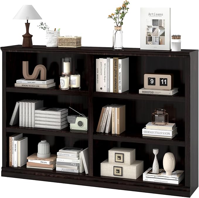 64" W Double Wide Open Shelf Bookcase, 3 Tiers 6 Storage Cube Book Shelf | Horizontal bookshelf, Display Cabinet Organizer Indoor Furniture, Home Library Office, Dark Cherry Adjustable Shelf