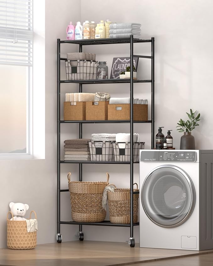 Sakugi 5-Tier Storage Shelves 33.1" x12.6" x73.5" Black with Wheels | Kitchen, Closet, Pantry, Garage, Heavy Duty, Adjustable Feet, Metal Construction