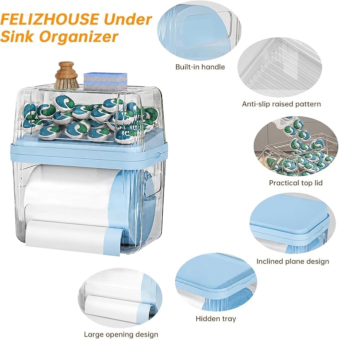 2-in-1 Trash Bag Holder Laundry & Dishwasher Pods Container,Garbage Bag Dispenser with Removable Lids,Kitchen Organizer and Under Sink Storage Box (Blue)
