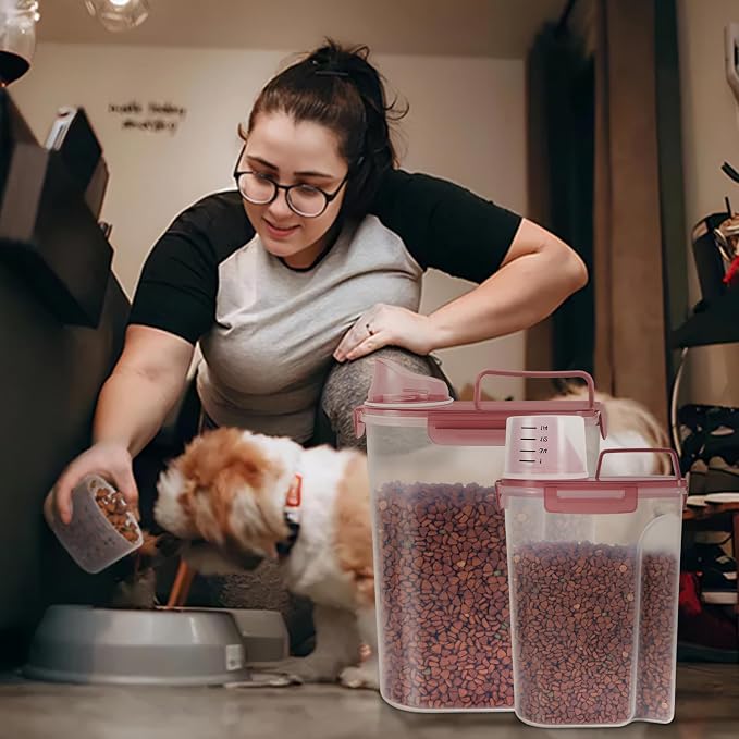 LEAWALK 2Pack Cat Dog Food Storage Container Upgraded Large Nozzle BPA-free, 3+5lbs Plastic Pet Food Containers, With 4 Sealed Clasps/1 Measuring Cup/Handle Easy Clean and Carry (Clear Pink)