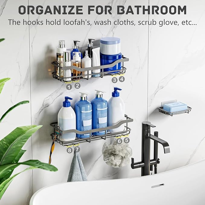 OMAIRA 3-Pack Shower Caddy with Soap Holder, Adhesive Rustproof No-drill Strudy Loading Inside Shower Organizer Shelves Rack Storage Bathroom Organization for Smooth Wall Glass Tile, Grey (XX-Large)