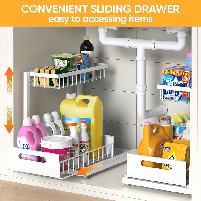 Saydear L-Shaped Under Sink Organizer, 2-Tier Pull-out Cabinet Rack 1-Pack | White Height-Adjustable Steel Rack, Sliding Grid Drawers with PP Liners, Holds 100 Lbs, Suction Base, Ideal Kitchen Storage