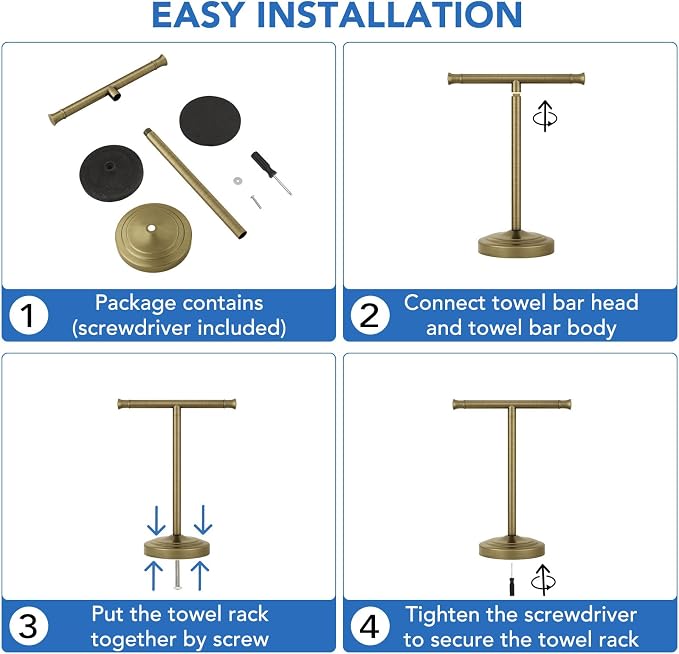 RUMOSE Antique Brass Hand Towel Holder Stand Countertop Towel Rack | 13 Inch Bathroom Kitchen Vanity T-Shape Towel Stand Free Standing Stainless Steel Towel Bar Towel Ring