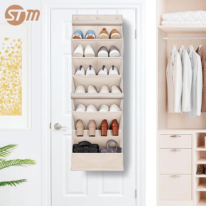 STORAGE MANIAC Over the Door Shoe Organizer with Curtain Dustproof Heavy-Duty Large Deep Pocket Hanging Shoe Organizer for Closet Dorm & Narrow Door Storage Shoe Holder Shoe Rack, 7-Shelf Beige 1 Pack