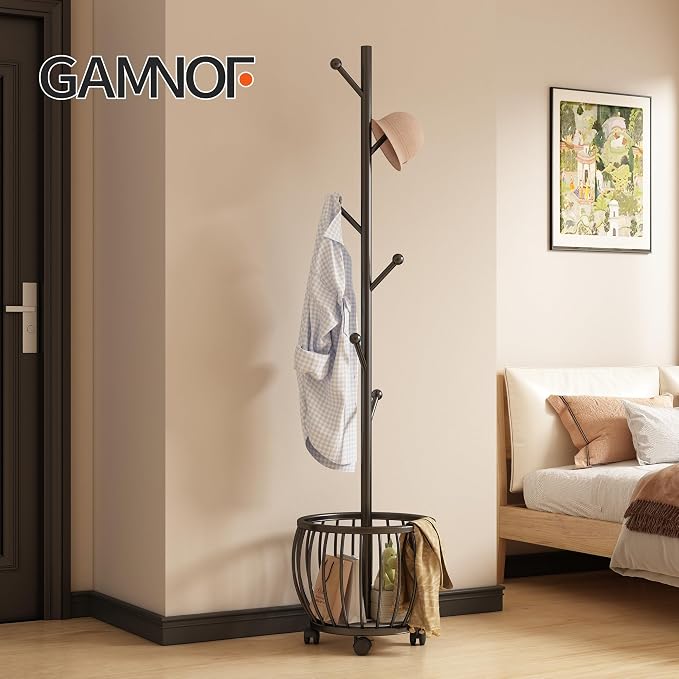 Coat Rack Freestanding Coat Stand with Basket 6 Hooks Wheels,Black | Metal Coat Rack Stand Coat Tree for Home Entryway Bedroom Living Room Office Corner Modern Organizer for Scarf Jacket Hat Bag