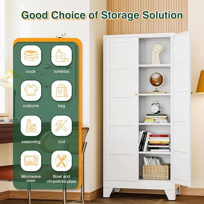 Letaya 72" H Metal Storage Cabinet with 2 Doors and 4 Shelves,Tall Kitchen Pantry Cabinets,Utility Pantry Organizers for Cupboard/Dining/Bathroom/Home Office/Garage (White, 72" H x 18" D x 33.5" W)