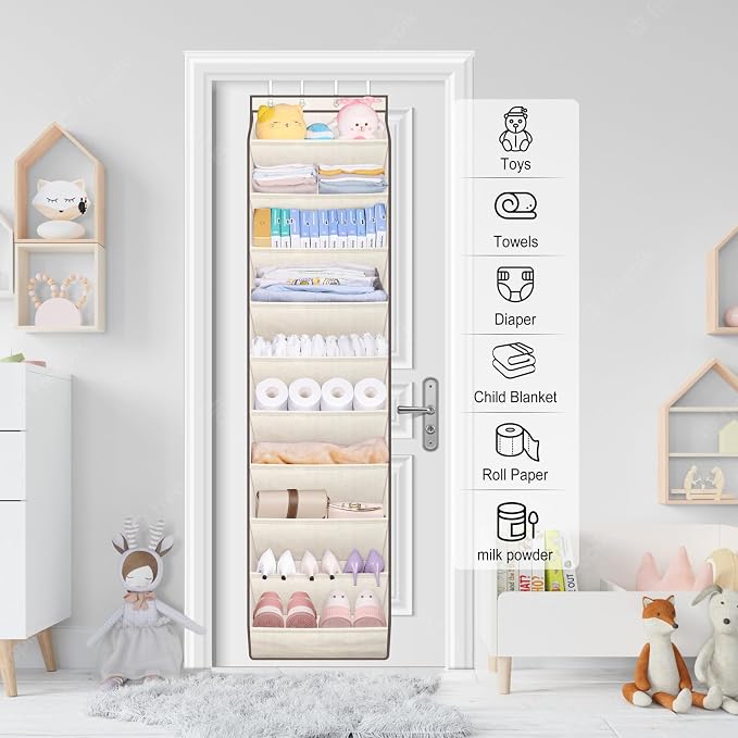 SLEEPING LAMB Shoe Rack for Door, Kids Door Shoe Organizer for Closet hanger, Narrow Hanging Sneaker Storage with Large Deep Pockets for Toddler, Girl, Baby Room Decor, Beige