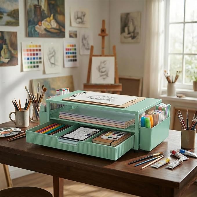 ECOLOVI Desk Organizer and Accessories, 2-Tier Computer Monitor Stand Rise with Storage Drawer & 2 Pen Holders, Laptop & Printer Stand for Desktop, Workspace Organizers for Office Supplies (Green)