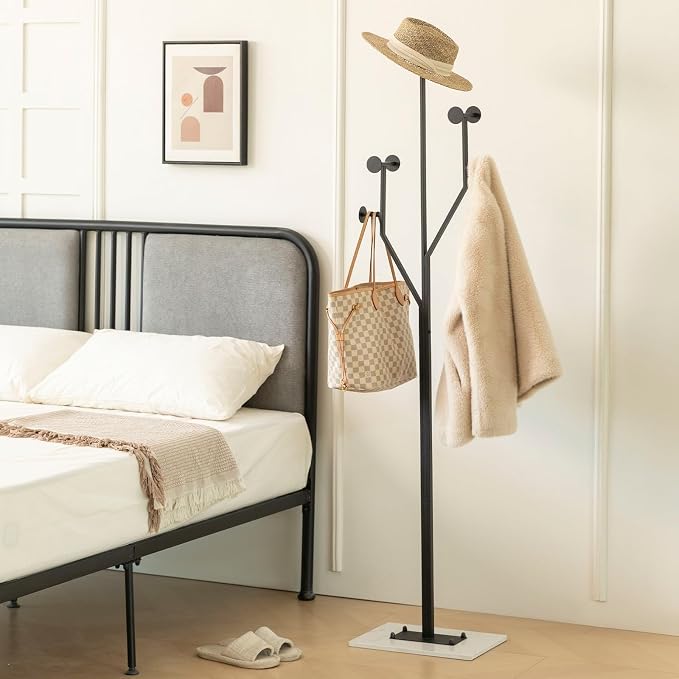 JIAYUEJU Freestanding Coat Rack Coat tree for Entryway Bedroom (Black) | Tree-shaped, Easy Assembly, Space Saver, Heavy Duty, Metal Frame, Marble Base, 8 Hooks, Living Room, Office, Corner