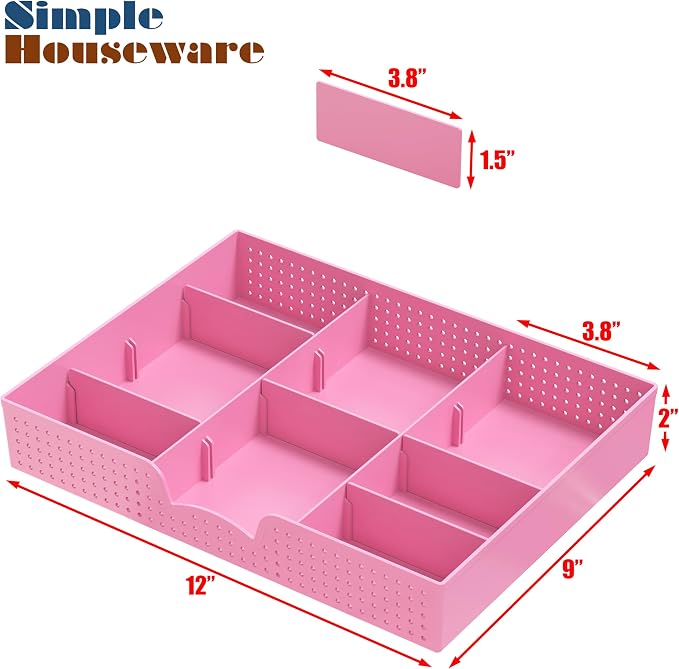 Simple Houseware Drawer Organizer Tray, 9 Adjustable Compartments, Pink | For Office, Makeup, and Craft Drawer or Desktop Storage