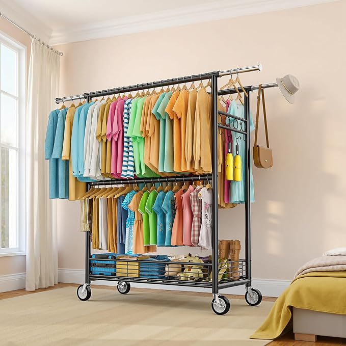 Heavy Duty Clothes Rack Load 960LBS, Three Rods Rolling Clothing Racks for Hanging Clothes, Rolling Garment Rack With Sturdy Wheels Shelves Hooks, Portable & Adjustable Commercial Garment Rack, Black