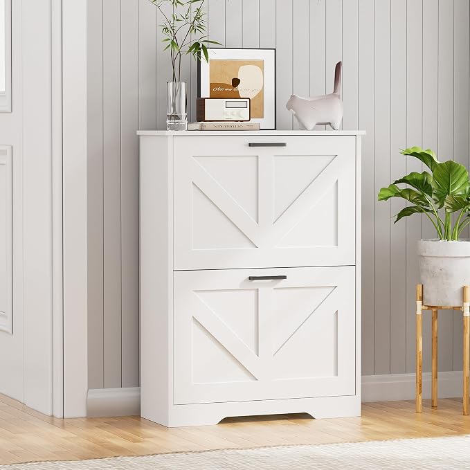 Homleke Farmhouse Shoe Cabinet for Entryway, 2 Barn-Style Flip Drawers | Narrow Shoe Storage Organizer, Top Display Shelf, Adjustable Shelves, Shoe Rack, for Hallway Closet, 24" Wide, White