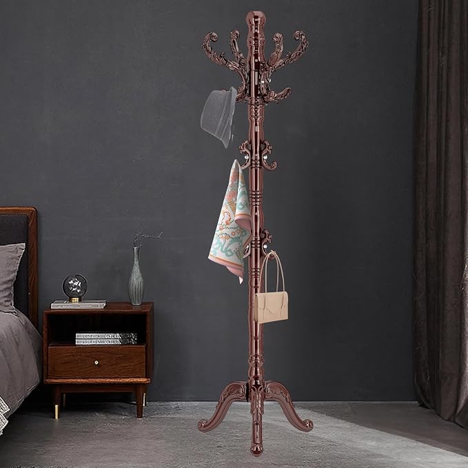 ZOZOE Wooden Coat Rack,Vintage Coat Rack Freestanding with 14 Hooks | Solid Wood Coat Rack Stand with Triangle Base,Classic Natural Birch Wood Coat Clothes Tree Stand for Entryway Hallway