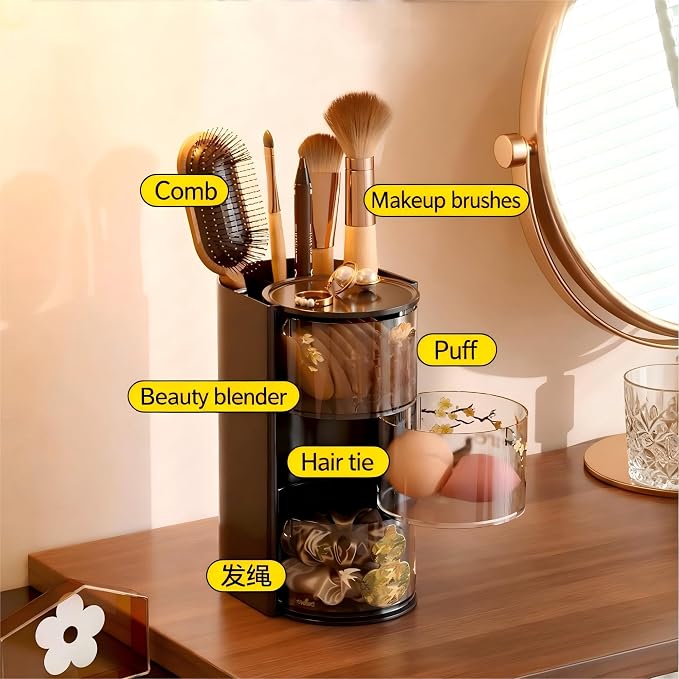 Azurphoric Hair Accessories Organizer with Hair Brush Holder(Black,3-Layer) | Rotatable Makeup Brush Holder for Necklaces, Earring, Bracelet, Ring, Makeup Brushes, Hair Clip and Hair Accessories