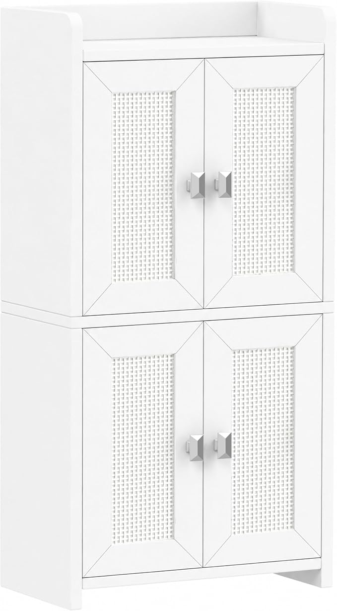 Akxomel 15" Rattan Small Bathroom Cabinet 4 Doors Adjustable Shelf White | Bathroom Organizer and Storage, Toilet Paper Floor Cabinet for Small Space