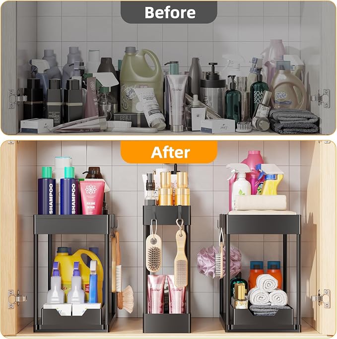 Simple Trending 3 Pack Under Sink Organizer, Pull-Out Cabinet Organizer Drawer, 2 Tier Multi-Purpose Slide Out Storage Shelf for Kitchen Bathroom, Black