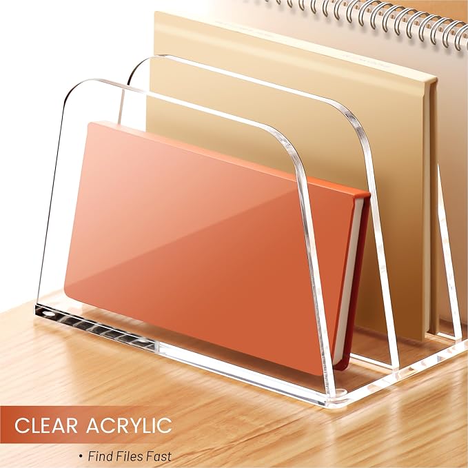 HeZone Desk File Organizer,4-Section Vertical Clear File Organizer File Holder Folder Holder Mail Sorter Acrylic Stand Rack,Office Organization for Home, Office & Classroom(1 Pack)