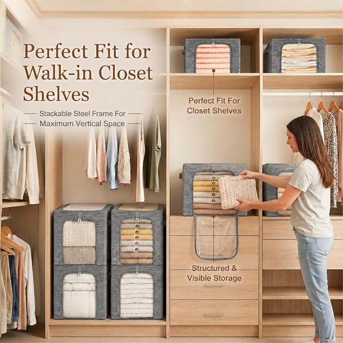 GoMaihe Blanket Storage Bins with Metal Frame for Closet, 55L 6-Pack Grey | Clothing Bedding Winter Coat Comforters , Closet Top Shelf, Collapse-Proof Stackable, See Through, Dual Access Space Saving