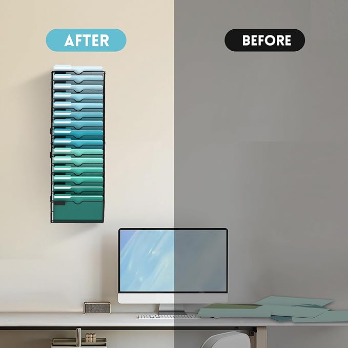 15-Tier Wall File Organizer, Hanging File Holder, Wall Mounted Mail Sorter | Metal Mesh Hanging File Organizer with Open Compartments and Label Panels for Papers and Folders at Home, Office or School