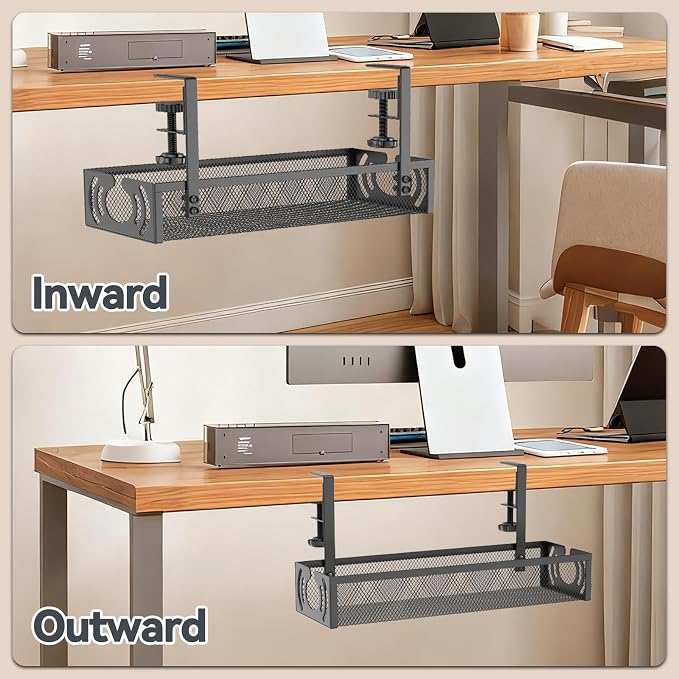 Cable Management, 15'' Under Desk Cable Management Tray No Drill | Metal Cable Organizer with Clamp for Wire Management, Cord Organizer for Home Office, Desk Accessories Organizer, Black