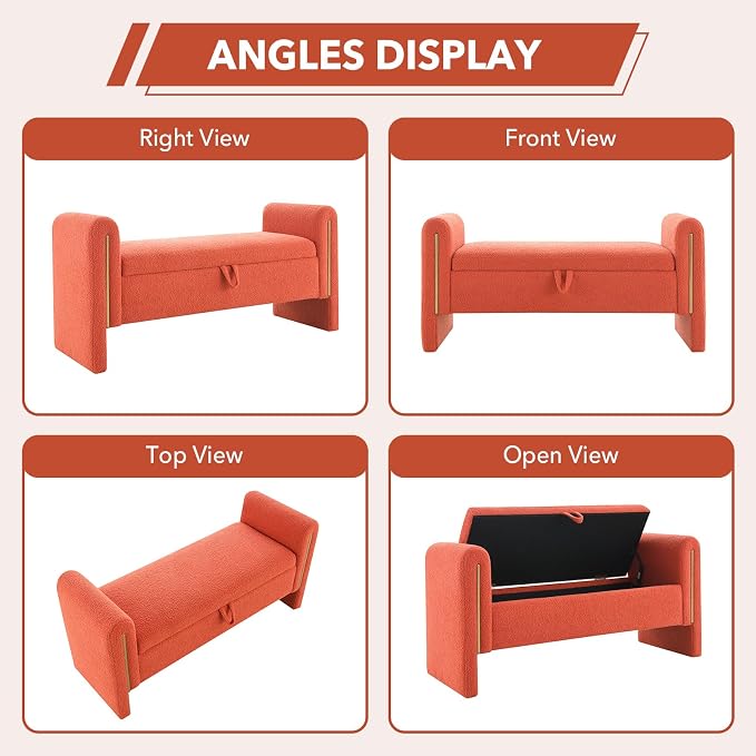 52" Flip-Top Storage Ottoman Bench, Teddy Entryway Bench (Orange) | Teddy Fleece Upholstered End of Bed Bench with Armrests, Soft Padded Window Bench for Living Room Bedroom Entryway