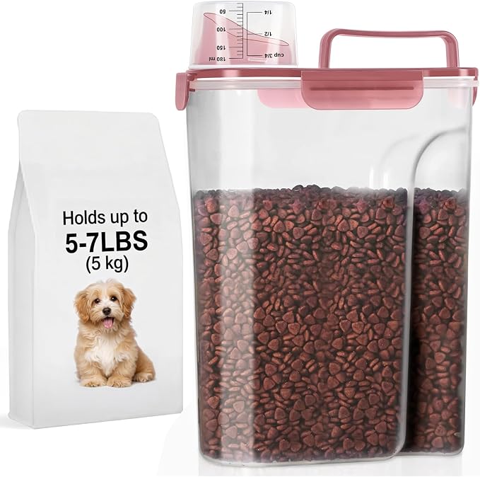 LEAWALK 5-7Lbs/6Qt Dog Cat Storage Container Portable with Upgraded Large Spout and Cup, Plastic Pet Food Dispenser for Small Animal Kibble, Bird Seed, Oatmeal, Rice, Flour, Brown Sugart- Clear pink