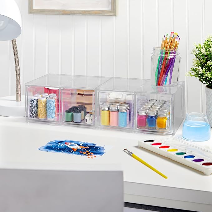 STORi Stackable Desk Organizer drawers, Clear Pen Pencil Makeup Brush drawers for Desktops and Vanities, 4 Tall Drawers (Made in USA)
