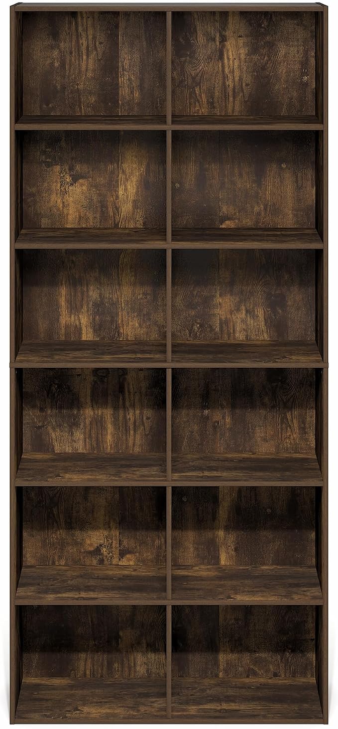 Furinno Basic Book Shelf, 12-Cube Bookshelf, Bookcase with Open Shelf, Cube Storage Organizer, 12 x 32 x 71, for Living Room, Home Office, Amber Pine