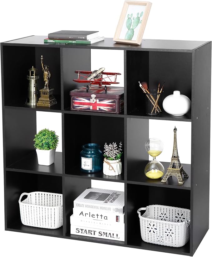 ZenStyle 9 Cube Storage Shelf Organizer, Wooden Bookshelf System Display Cube Shelves Compartments, Customizable W/ 5 Removable Back Panels (Black)