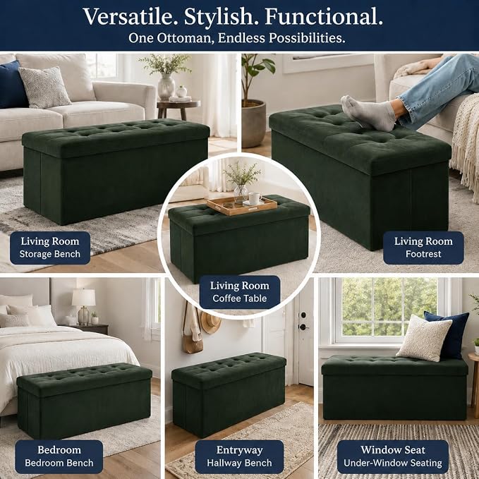 ALASDO 43 Inch Folding Storage Ottoman Bench with Hidden Storage, Velvet Storage Ottoman Foot Rest Stool, End of Bed Bench for Bedroom, Living Room, Entryway and Closet, Dark Green