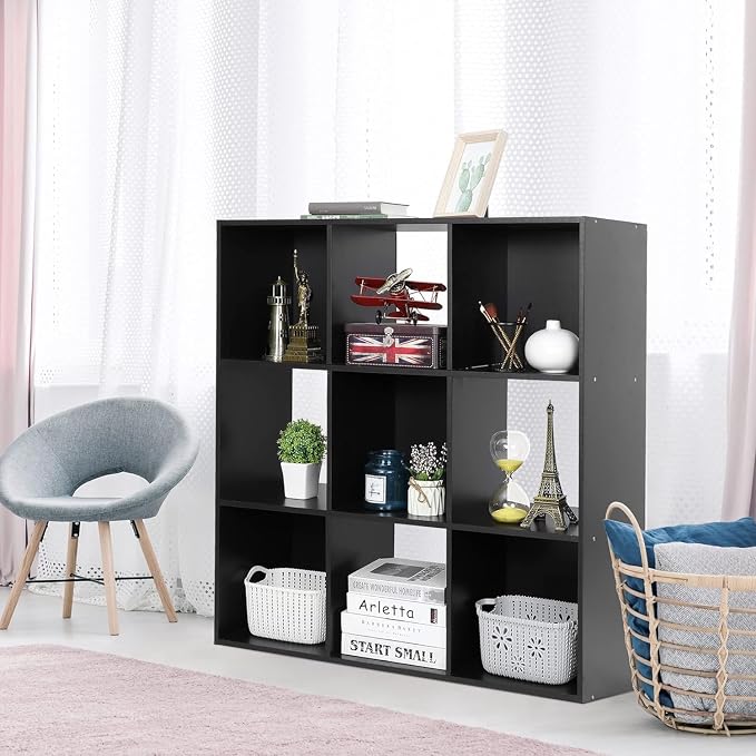 9-Cube Storage Organizer,Wooden Bookshelf Cube Storage,Freestanding Bookcase w/5 Removable Back Panels,Display Shelf Bedroom, Living Room, Home,Office,Study,Black