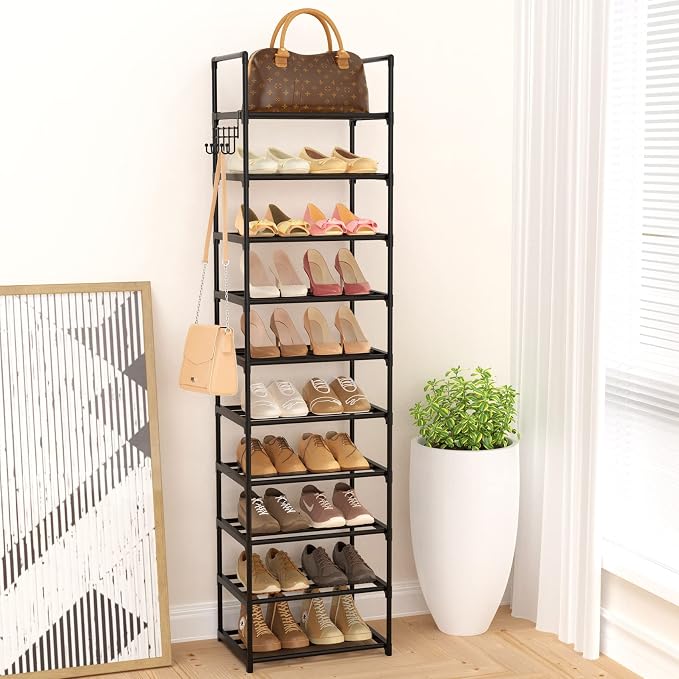 Narrow Shoe Rack 10 Tiers Tall Shoe Rack for Entryway Closet 20 24 Pairs Shoe & Boots Organizer Storage Shelf Durable Black Metal Stackable Shoe Cabinet with Hooks, 17.1D x 11.8W x 78.7H in