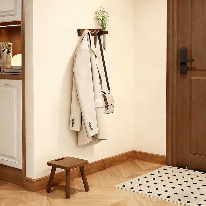 Key Holder Wall Mount, Solid Wood Key Holder for Wall with Planter Tube & 4 Brass Hooks, Decorative Renter-Friendly Wall Key Rack Hanger for Entryway Kitchen Living Room Car Keys