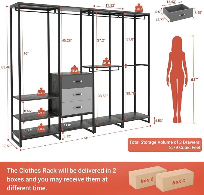 Aheaplus Wood Clothes Rack Wardrobe Organizer for Hanging Clothes, Heavy Duty Garment Rack, Large Corner L Shaped Closet System with 3 Wood Drawers, White and Grey