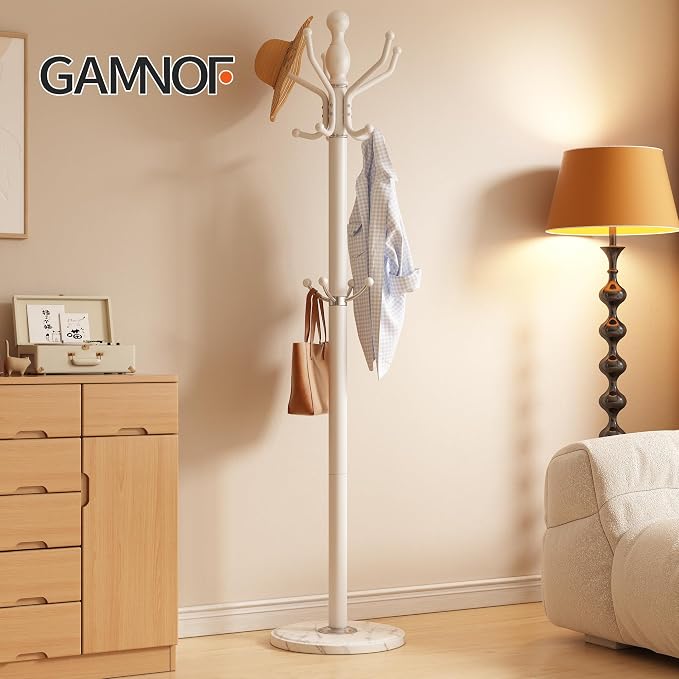 Metal Coat Rack Stand Coat Rack Freestanding with 360° Rotary,White | Modern Coat Rack with 360° Rotary Design Sturdy Heavy Duty Hall Tree Hats Hanger Holder Stand 14 Hooks for Hallway Office