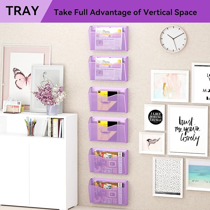 3 Single Pocket Wall File Holder, Mesh Hanging File Folder Paper Organizer, Vertical Wall Mounted Mail Basket, Storage Organization Magazine Rack for Office, Home and School, Light Purple