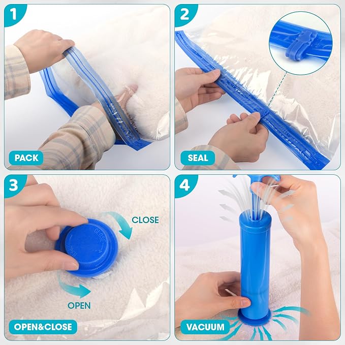 Vacuum Storage Bags with Hand Pump, 12 Large Compression Space Saver Vacuum Seal Bags for Clothing, Travel, Luggage, Comforters, Blankets, Pillows, Bedding, Duvets