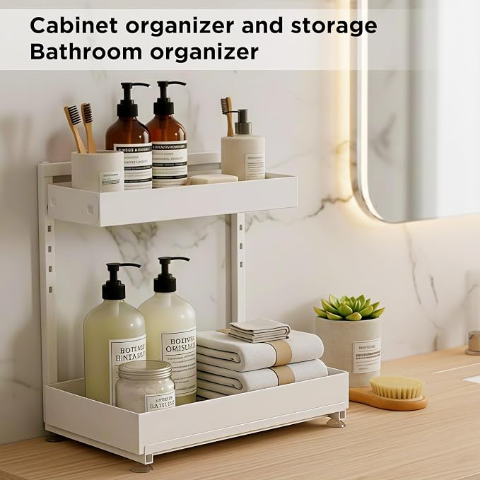 Under Sink Organizer Bathroom Kitchen: 2 Pack 2 Tier Metal Under Cabinet Storage with Height-adjustable Shelf and Pull out Rack for Pantry Vanity Cupboard Counter Countertop, White