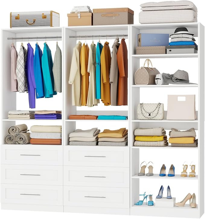 Closet System with 3 Sets, 6-15.8FT Custom Closet Organizer System with 6 Drawers & 8 Shelves & 5 Hanging Rods, Max 189"W Closet Shelving System, Walk in Closet Organizers and Storage System, White