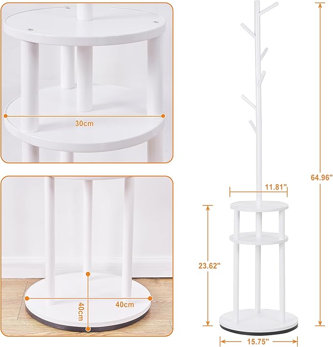 VECELO Coat Rack Freestanding, Entryway Hanger Stand, Umbrella Holder, Hall Tree With Hooks, Floor Standing Tree Stand,White
