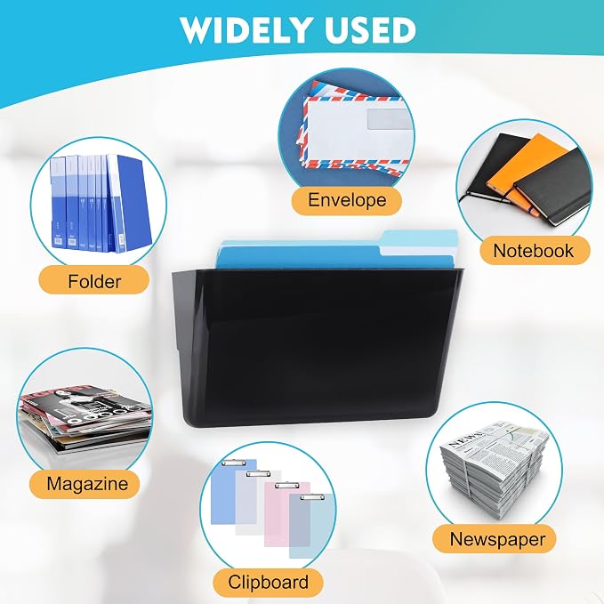 EASEPRES 3 Pack Black Plastic Single Pocket Hanging File Organizer, Wall Mount Paper Mails Magazines Holder, Mounted Folder Bins for Office School and Home, 12.99x4.13x7.48 inches