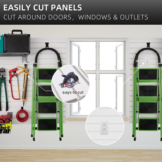 FRAYSCENT Slat Wall Paneling Garage Wall Organizer, Slatwall Panels Garage Tool Organizer Wall Mount Garage Slat Wall Storage Systems, Slat Board PVC Wall Panels Garage Storage (White, 4ftx2ft)