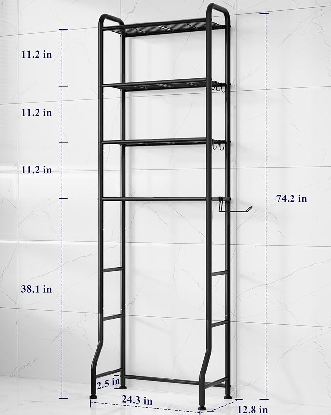 Kitsure Over Toilet Storage Rack, 74.2" H Space-Saving, Holder & Hooks | Bathroom, Laundry Room, Small Spaces, Families, Durable Metal, Black, 4 Tier