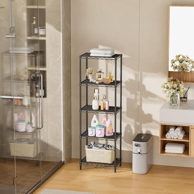SINGAYE Metal Shelves Wire Shelving Storage Standing Adjustable Shelf Unit | 5 Tier Mesh Units Shelf for Kitchen Laundry Bathroom Closet Organizers Pantry Narrow Home Rack 10" D x 16" W x 55" H Black