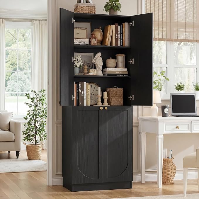 Cyclysio 80" Storage Cabinet, Tall Arched Bookcase with 4 Soft Close Doors, 6-Tier Wooden Pantry with Adjustable Shelves, Seamless Fit Wall for Home Office, Living Room, Kitchen (Black)