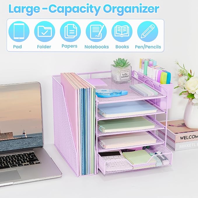 Desk Organizers and Accessories, 5-Tier Paper Letter Tray Organizer with File Holder, Drawer & Pen Holder, Office Desk Accessories, Desktop Organizer for Classroom Office Supplies, Purple